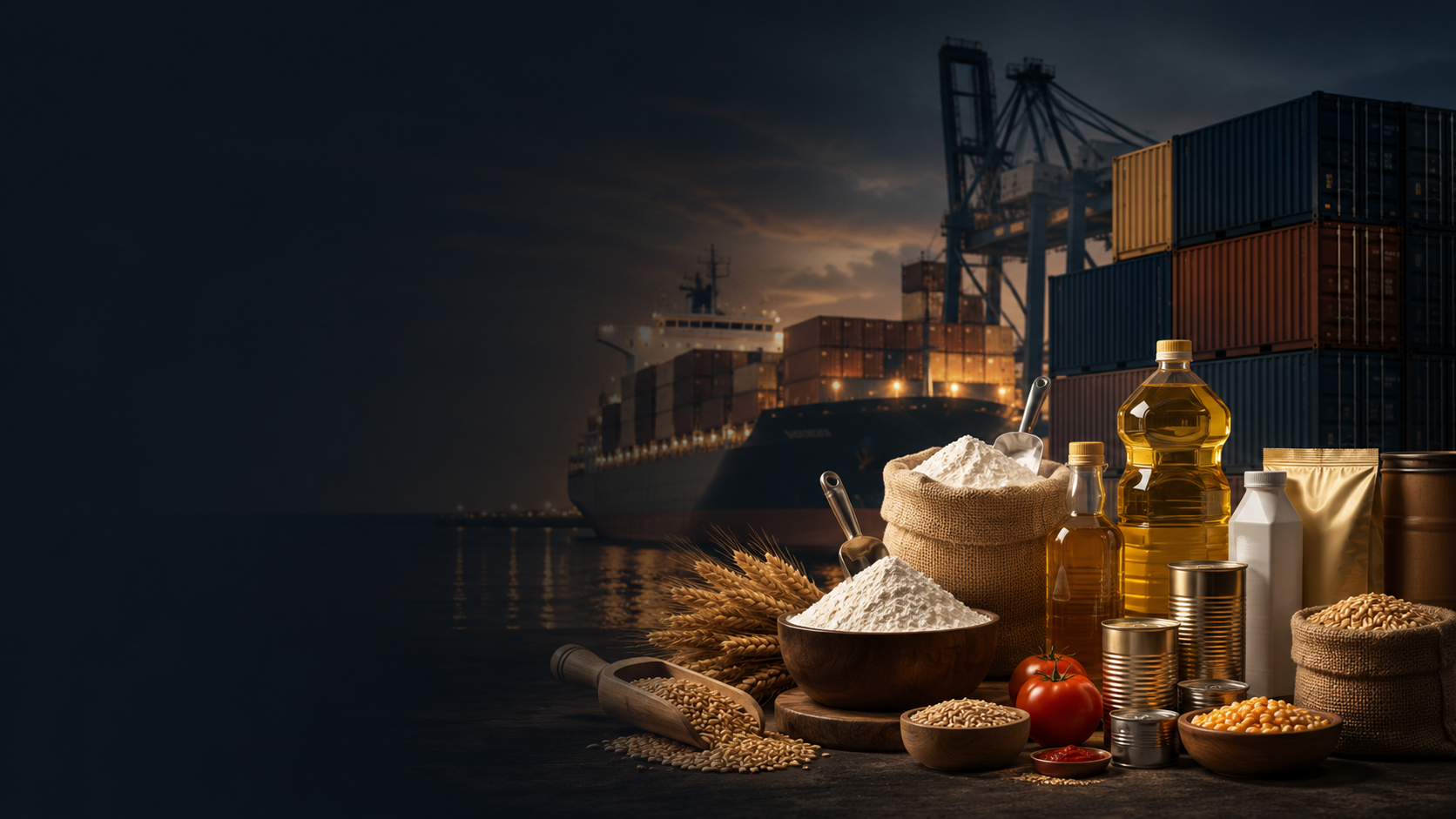 International port, cargo containers and food commodities